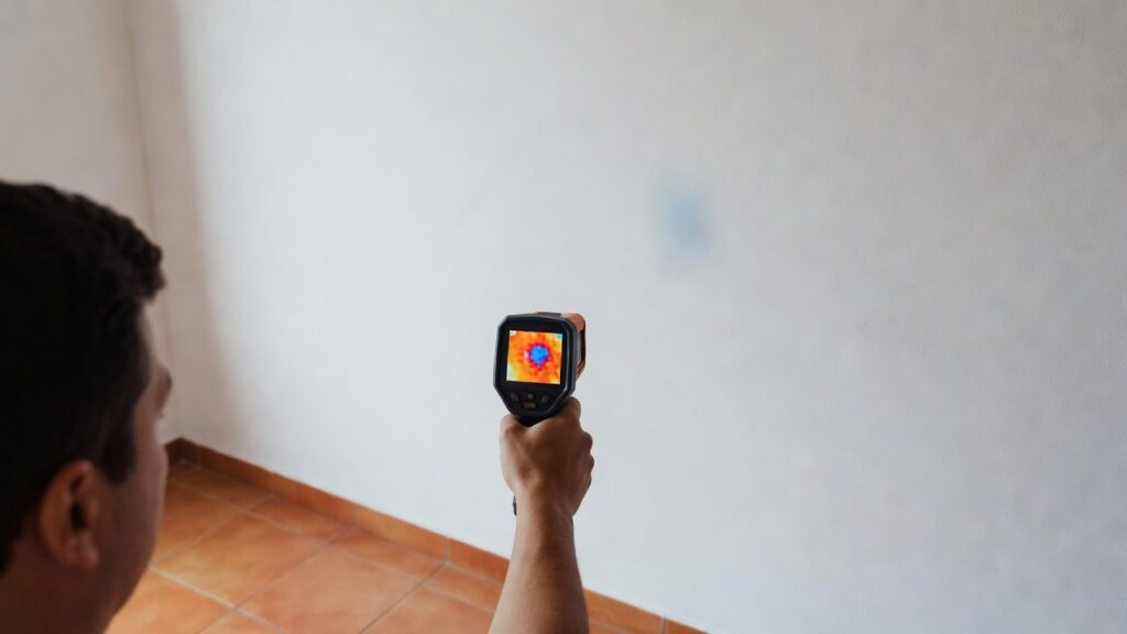 Cámara termográfica apuntando a una pared para localizar una fuga de agua